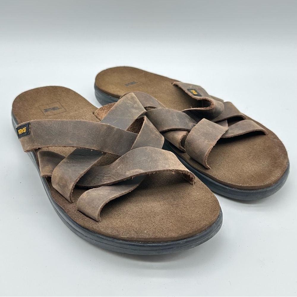 Teva Voya Men's Dark Brown Leather Slide on Sandals